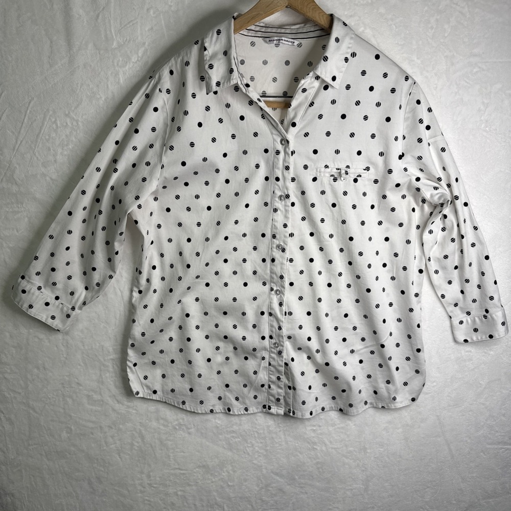 Allison Daley White Polka Dots Print Button Up 3/4 Sleeve Button Blouse Sz XL